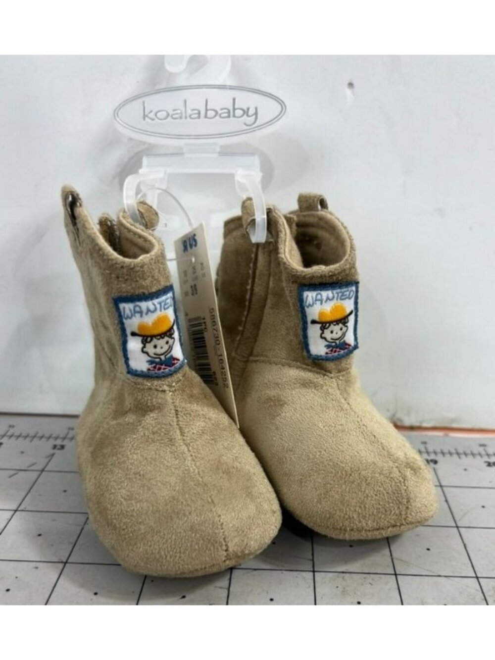 Koala Baby Tan Suede Infant Booties w/ Wanted Patch Sz. 3, 9 Months New